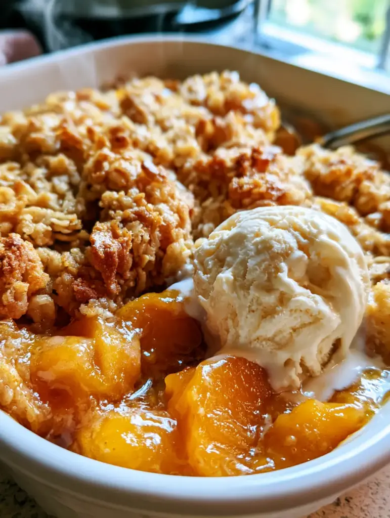 Peach Crumble with Crispy Oat Topping and Melting Vanilla Bean Ice Cream 1 A handheld smartphone photo showing steam rising from a fresh peach crumble with melting ice cream.