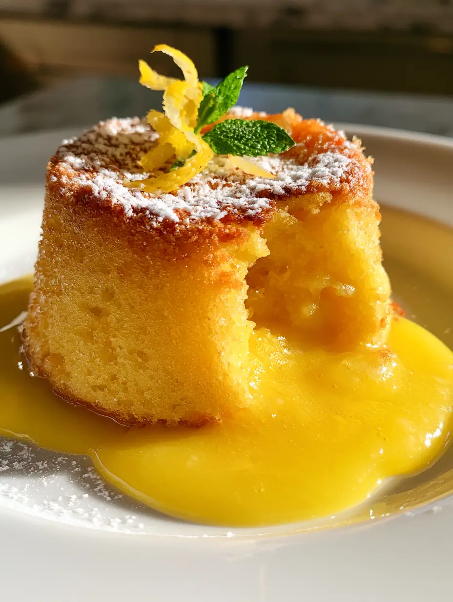A vertical shot of a golden lemon lava cake dusted with powdered sugar and topped with mint. (lemon lava cakes)