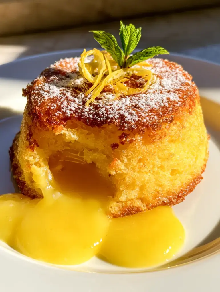 A handheld photo of a lemon lava cake on a kitchen counter with thick yellow curd oozing onto a white plate.