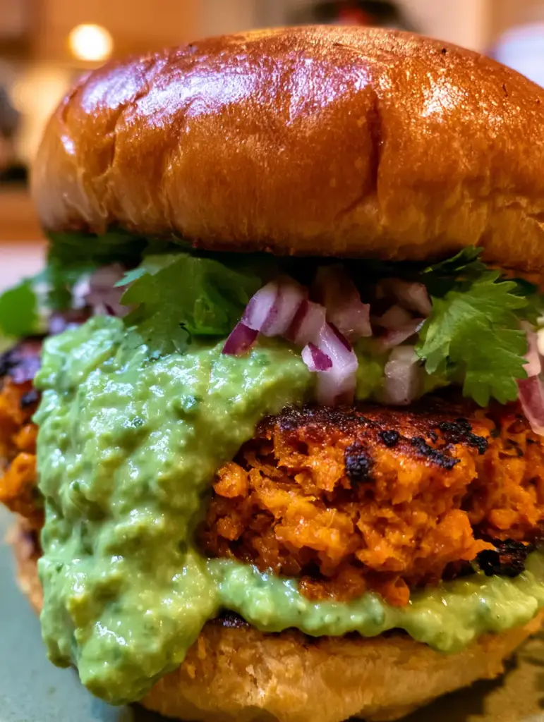 A smartphone photo of a handheld sweet potato lentil burger showing layers of red onion and cilantro.