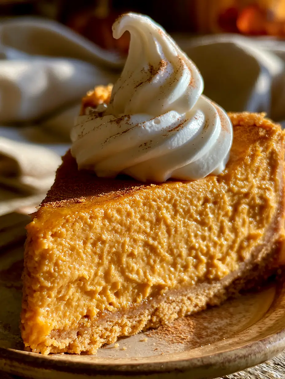 Macro photo of a slice of creamy pumpkin cheesecake showing the velvety texture and golden graham cracker crust. (pumpkin cheesecake)