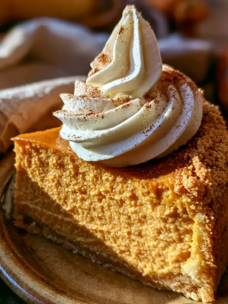 Close-up of a pumpkin cheesecake slice with an elegant whipped cream swirl and cinnamon powder dusting.