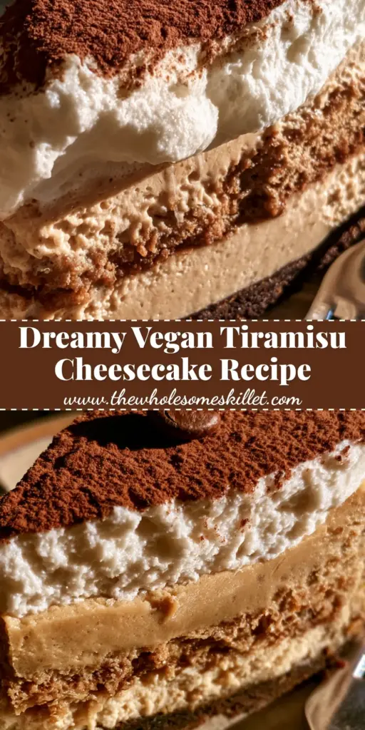A tall slice of vegan tiramisu cheesecake on a rustic plate, showing the espresso-soaked crust and cocoa dusting. (tiramisu cheesecake)