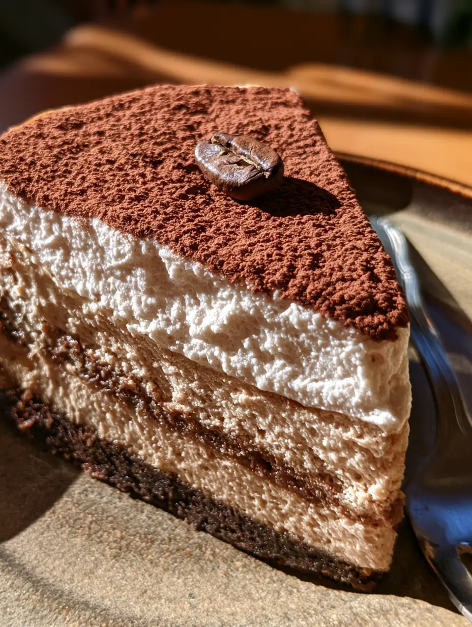 Close-up handheld photo of a thick slice of vegan tiramisu cheesecake with layers of coffee cream and whipped coconut top. (tiramisu cheesecake)