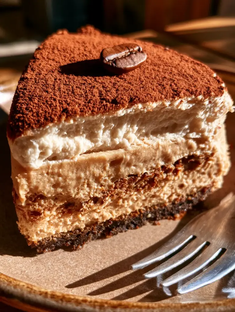 A rustic plate featuring a slice of tiramisu cheesecake with a silver fork resting beside it under warm natural lighting.