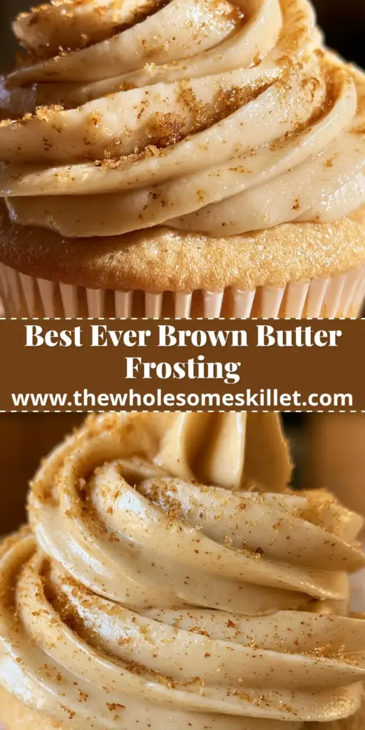 A close-up of a vanilla cupcake featuring a massive, tall swirl of brown butter buttercream with visible dark gold specks and toasted crumbs.