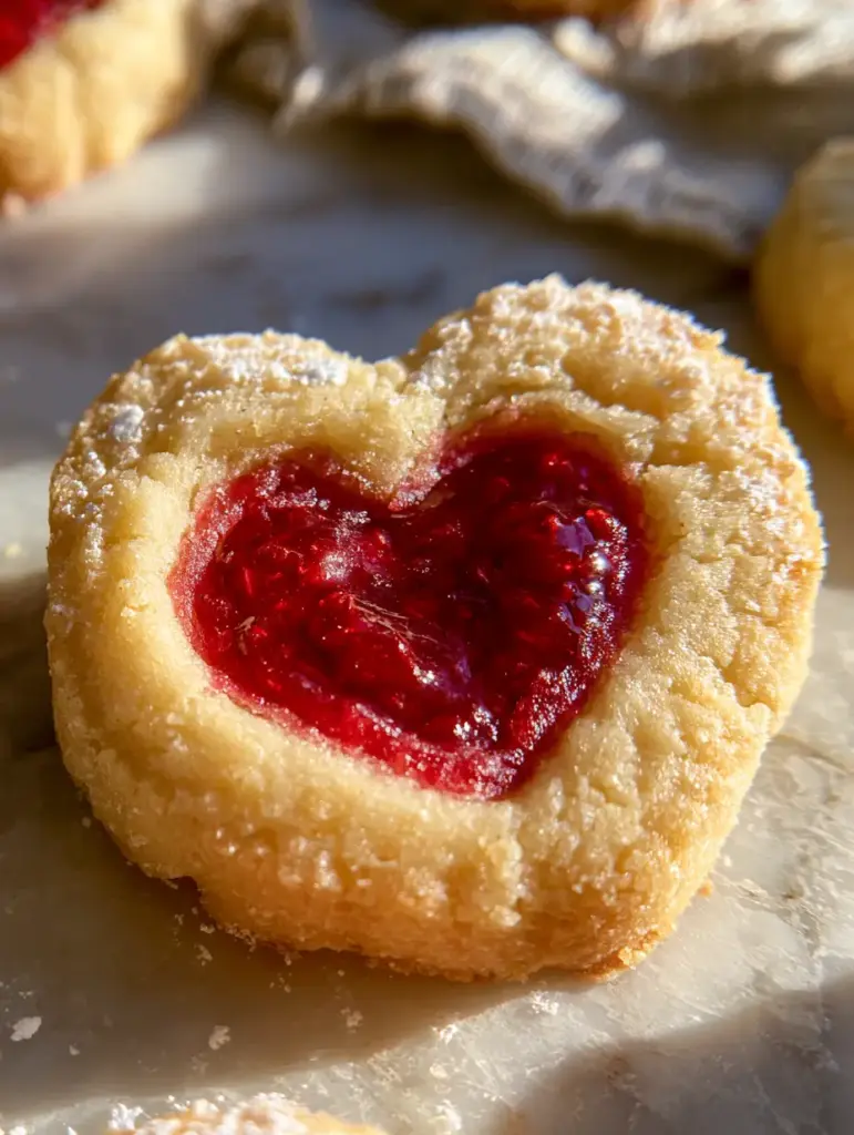Raspberry Jam Cookies: The Ultimate Heart-Shaped Shortbread Recipe 2 A single heart-shaped raspberry jam cookie held in a bright kitchen with vibrant red jam and powdered sugar.