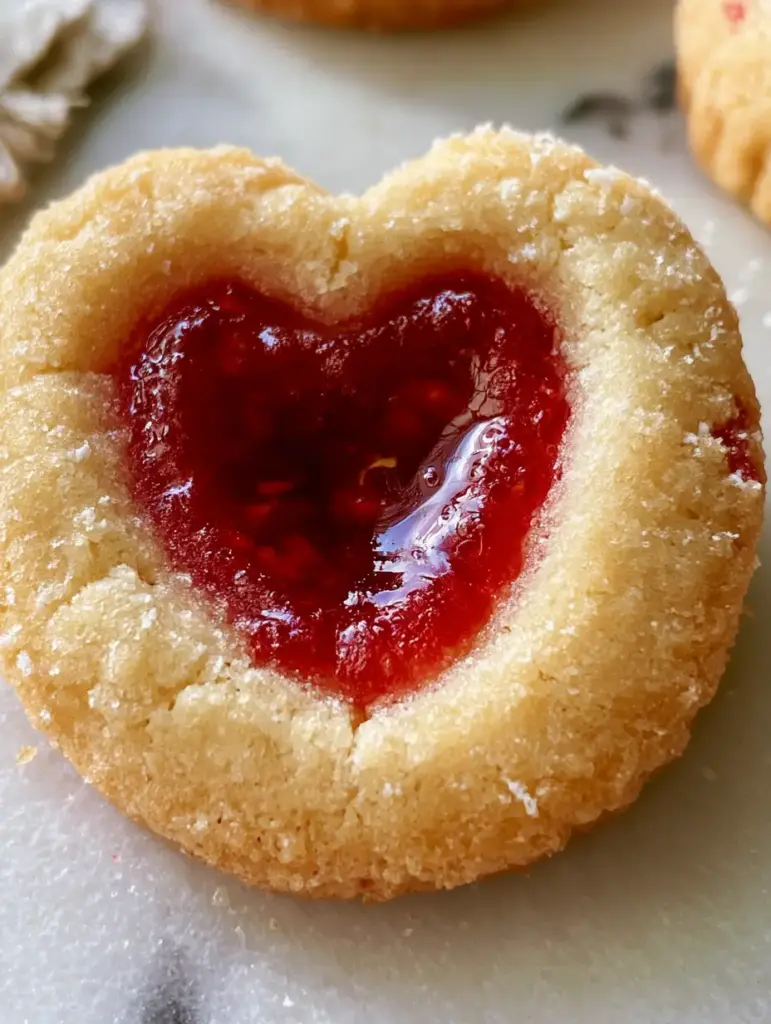 Raspberry Jam Cookies: The Ultimate Heart-Shaped Shortbread Recipe 1 Tray of golden raspberry jam cookies with heart indentations ready to be served.