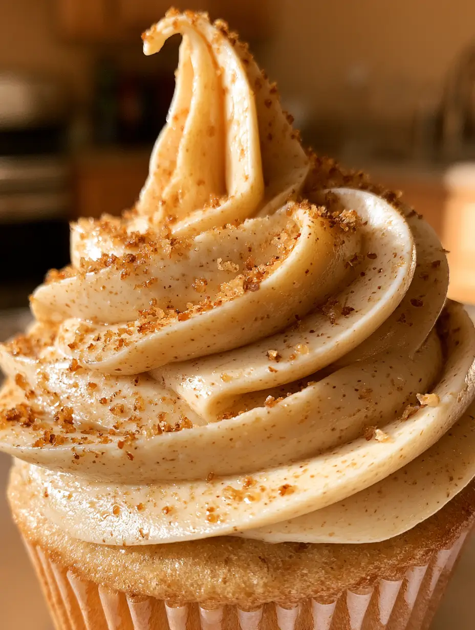 Smartphone photo of a silky brown butter buttercream swirl with sharp piping definition and golden graham cracker crumbs. (brown butter buttercream)