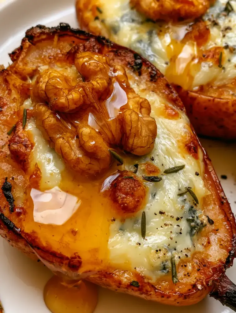 Honey Roasted Pears with Gorgonzola, Walnuts, and Fresh Rosemary 1 Close up of thick amber honey drizzling over caramelized honey roasted pears with rosemary garnishes.