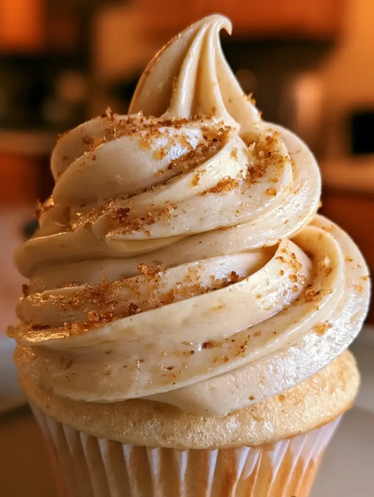 Close-up of brown butter buttercream with visible toasted butter solids and fine crumbs on a vanilla cupcake base.