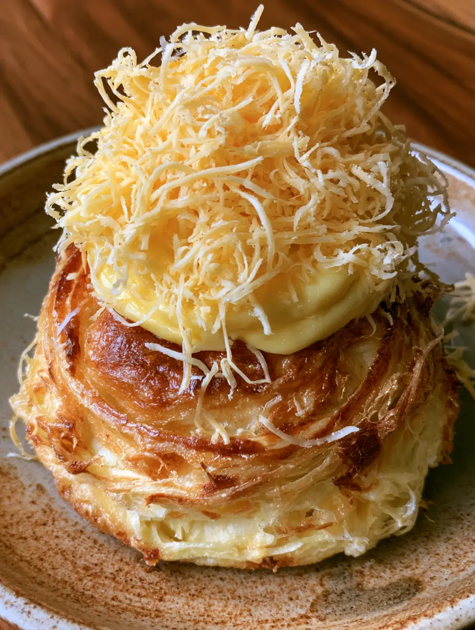 Unedited handheld smartphone photo of a single Filipino Ensaymada on a rustic ceramic plate, showing the airy texture of the cheese strands. (filipino ensaymada)