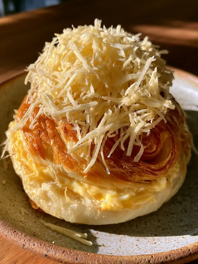 Macro shot of a spiraled brioche bun topped with a thick layer of buttercream and a towering mountain of finely grated sharp cheddar cheese. (filipino ensaymada)