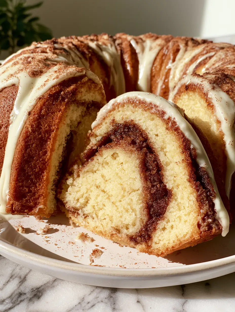 Cinnamon Swirl Bundt Cake with a Glossy Vanilla Glaze 3 Close-up of a sliced cinnamon swirl bundt cake showing the dark cinnamon sugar ribbon and buttery yellow pound cake texture. (cinnamon swirl bundt cake)