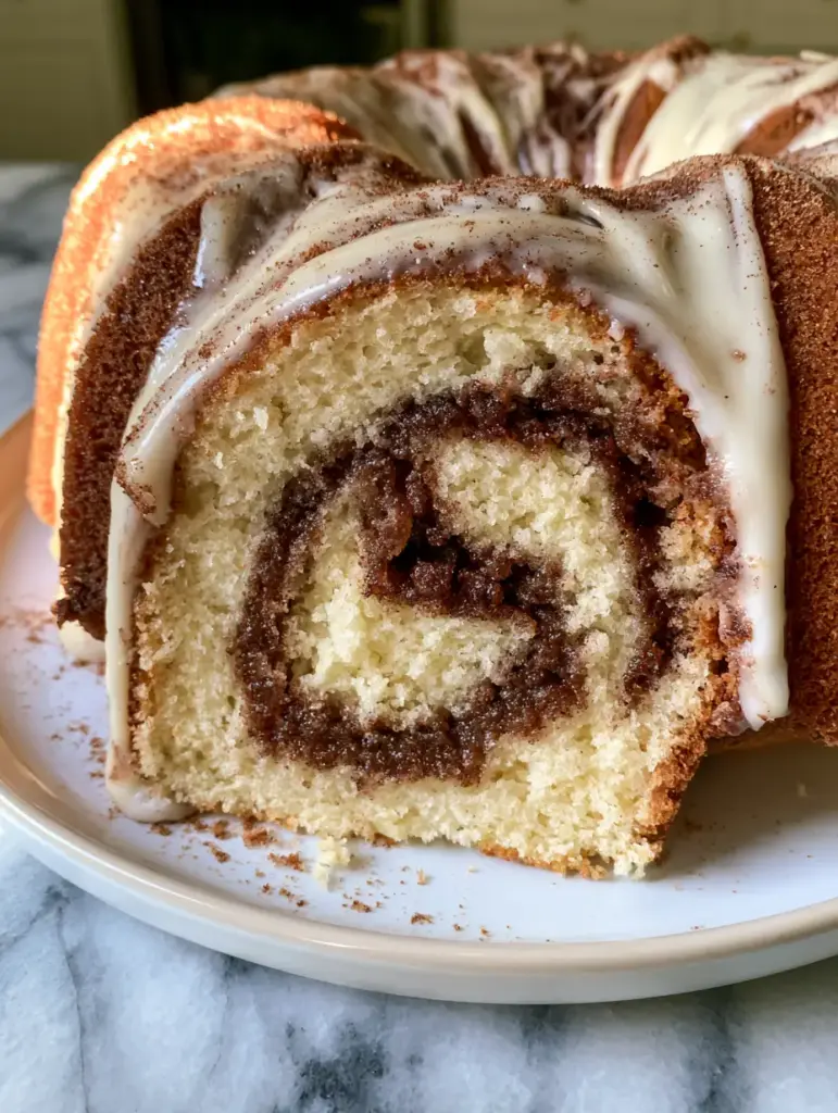Cinnamon Swirl Bundt Cake with a Glossy Vanilla Glaze 1 A freshly glazed cinnamon swirl bundt cake with glossy white icing dripping down the golden-brown sides on a white ceramic plate.