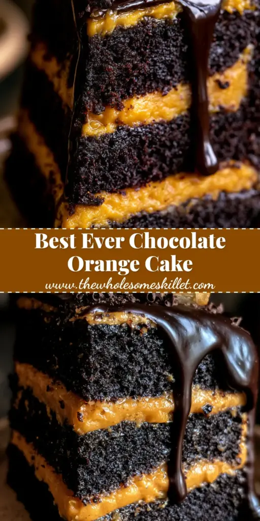 Chocolate Orange Cake: A Decadent Dark Cocoa and Citrus Masterpiece 4 A tall slice of chocolate orange cake with dark cocoa layers and vibrant orange filling on a rustic ceramic plate.