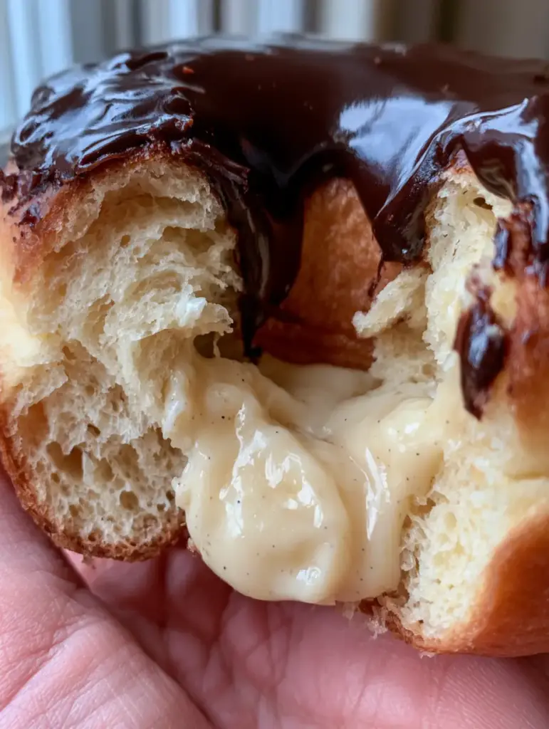 Boston Cream Donuts: The Ultimate Guide to Bakery-Quality Custard-Filled Perfection 2 Macro shot of a bitten boston cream donuts showing the airy golden dough and thick vanilla bean custard.