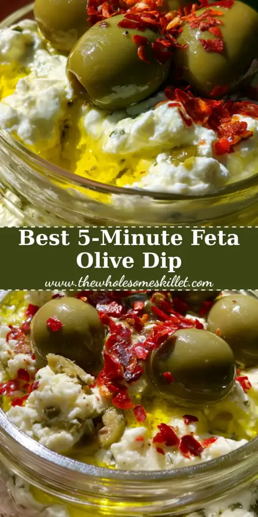 feta olive dip: The Creamiest Whipped Mediterranean Appetizer 4 A top-down view of a textured glass jar filled with creamy feta olive dip, topped with glistening green olives and golden olive oil. (feta olive dip)