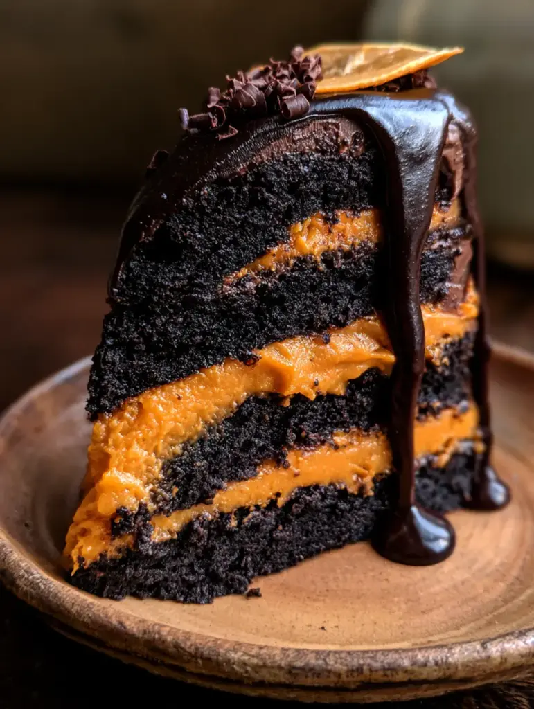 Chocolate Orange Cake: A Decadent Dark Cocoa and Citrus Masterpiece 2 Side view of a chocolate orange cake slice showing the contrast between dark sponge and orange cream. (chocolate orange cake)