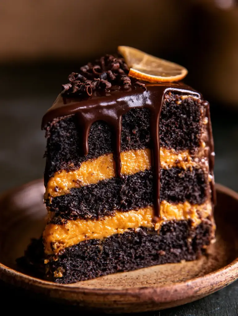 Chocolate Orange Cake: A Decadent Dark Cocoa and Citrus Masterpiece 1 Close-up of glossy dark chocolate ganache dripping down a chocolate orange cake.