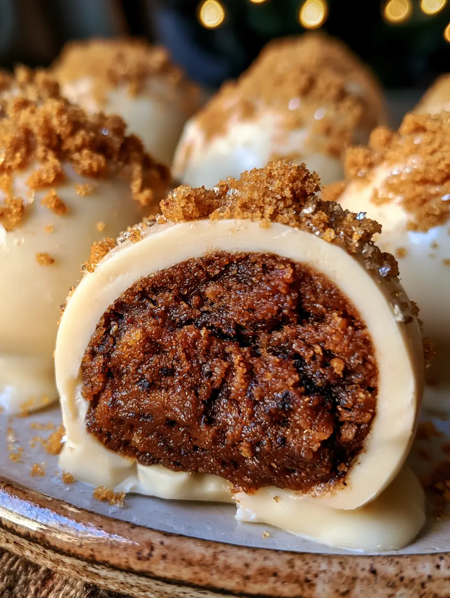 Close-up macro shot of a gingerbread truffle sliced in half showing a dark chewy center with spice flecks and a thick white chocolate coating. (gingerbread truffles)