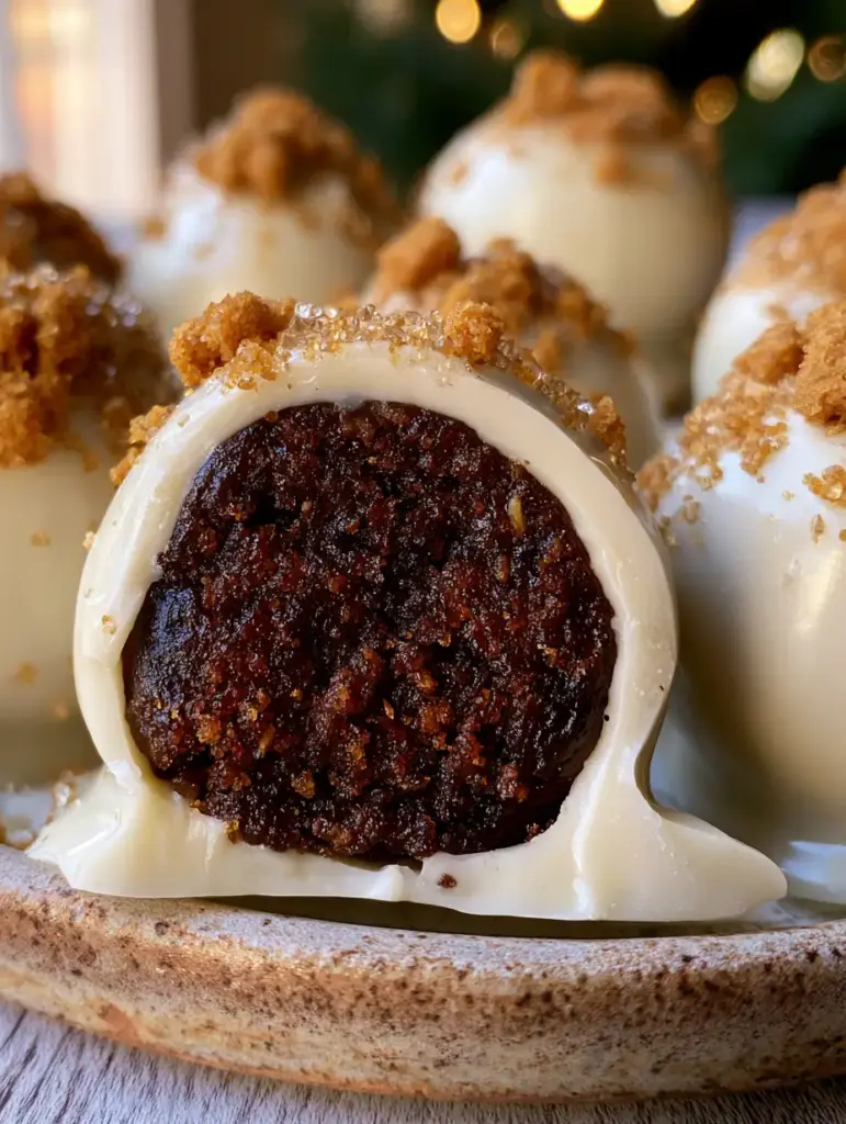Handheld photo of gingerbread truffles on a rustic ceramic plate with soft Christmas tree bokeh background.