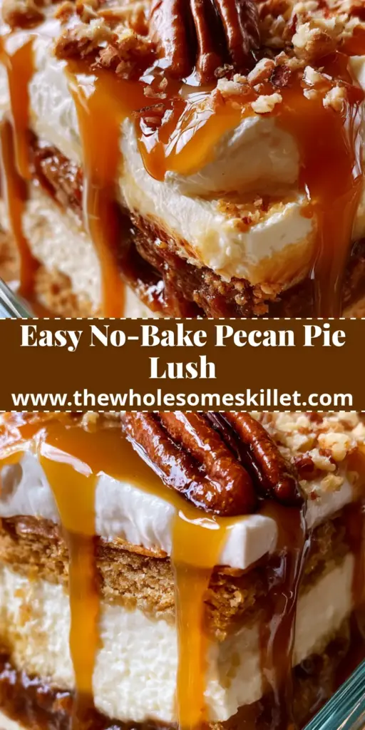 A tall slice of pecan pie lush showing distinct layers of graham cracker crust, cream cheese, and dark amber pudding. (pecan pie lush)