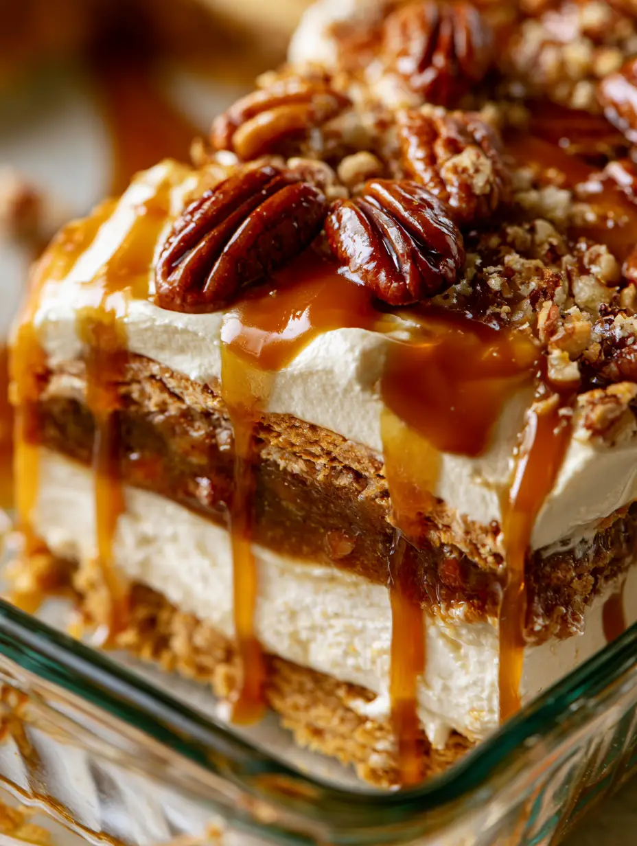 High-angle close-up shot of a gourmet layered pecan pie lush in a glass baking dish with salted caramel drizzle. (pecan pie lush)