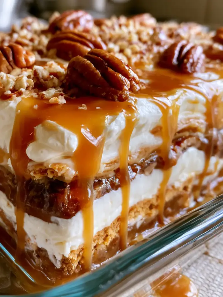 A side view through glass of a pecan pie lush showing the golden crust and dark amber pudding layers.