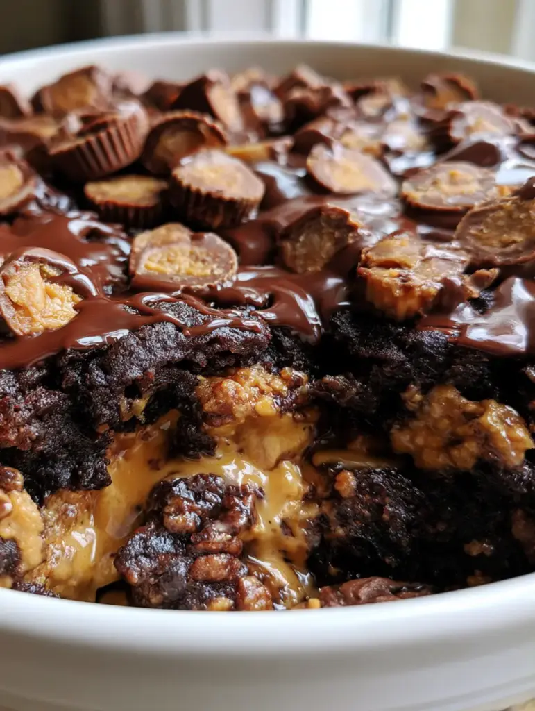 Reese's Chocolate Dump Cake: The Ultimate Fudgy Peanut Butter Indulgence 2 A close-up handheld photo of a moist dark chocolate cake with pools of melted peanut butter. (reeses chocolate dump cake)