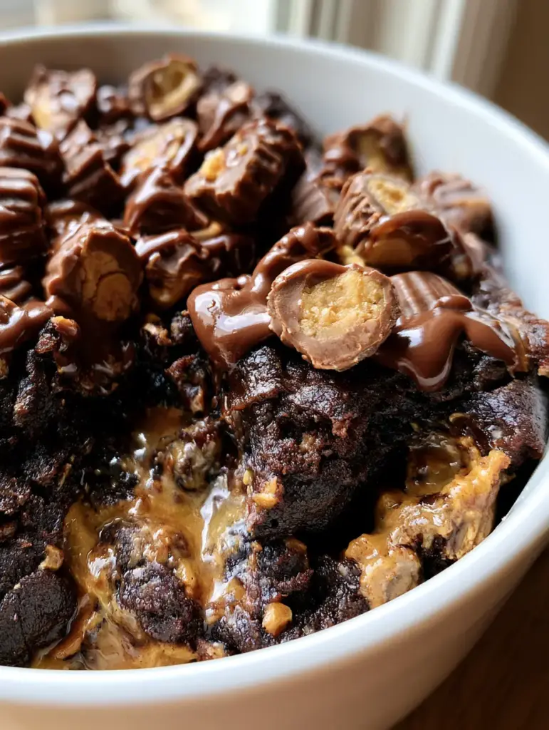 Reese's Chocolate Dump Cake: The Ultimate Fudgy Peanut Butter Indulgence 1 Top view of reeses chocolate dump cake showing halved peanut butter cups and glossy chocolate drizzle.