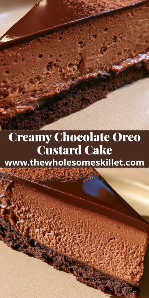 Chocolate Silk Cake with Airy Custard and a Glossy Mirror Glaze 4 A close-up vertical shot of a chocolate silk cake slice showing the thick cookie base, airy custard middle, and glossy glaze.
