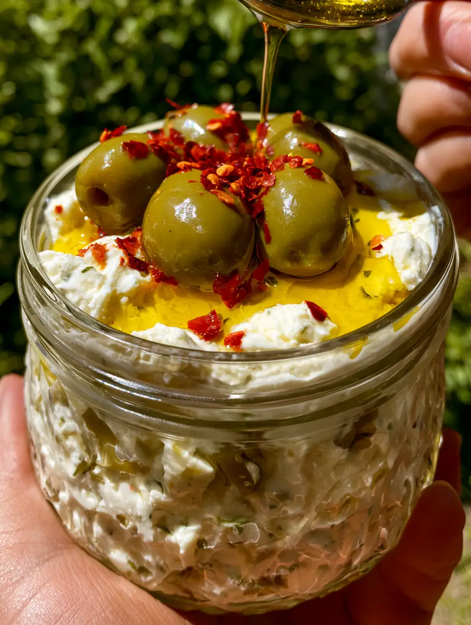 feta olive dip: The Creamiest Whipped Mediterranean Appetizer 3 Handheld smartphone photo of a textured glass jar of feta olive dip with sunlight hitting the side, highlighting the pool of olive oil on top. (feta olive dip)
