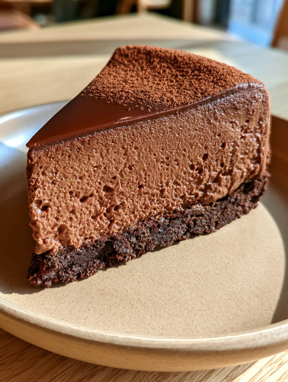 Chocolate Silk Cake with Airy Custard and a Glossy Mirror Glaze 3 A handheld smartphone photo of a single slice of chocolate silk cake on a beige ceramic plate in natural light.