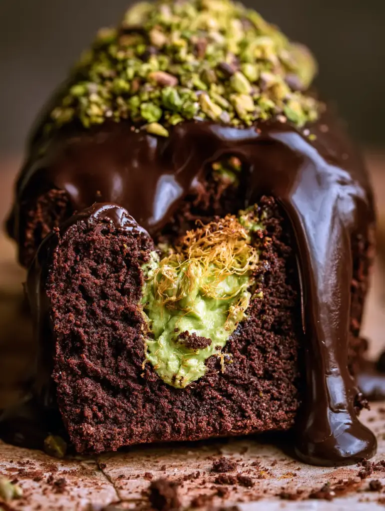 Pistachio Chocolate Loaf Cake with Crispy Kunafa Filling 2 Macro shot of a pistachio chocolate loaf cake slice with overflowing green cream and golden kataifi threads.