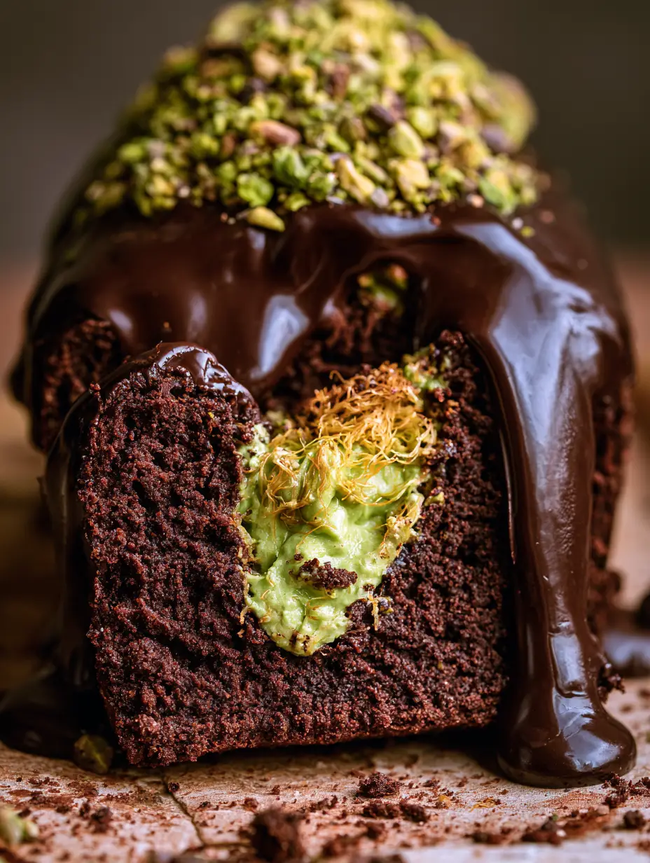 Pistachio Chocolate Loaf Cake with Crispy Kunafa Filling 3 Macro shot of a pistachio chocolate loaf cake slice with overflowing green cream and golden kataifi threads.
