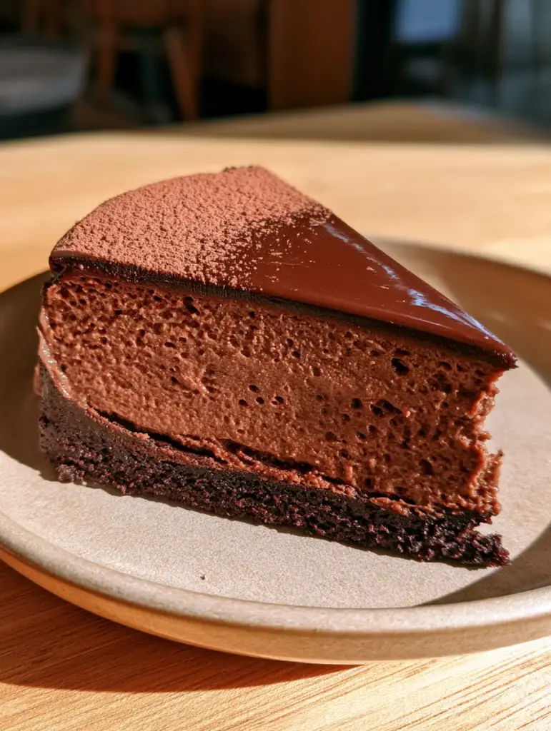 Chocolate Silk Cake with Airy Custard and a Glossy Mirror Glaze 1 Extreme detail of the mirror-like chocolate glaze and dark cocoa powder dusting on a chocolate silk cake.
