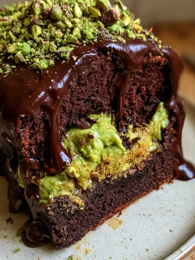 Pistachio Chocolate Loaf Cake with Crispy Kunafa Filling 1 A close-up of the moist crumb and glossy dark chocolate ganache of the pistachio chocolate loaf cake.
