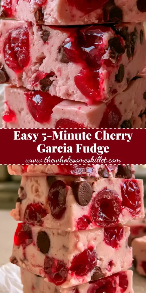 Cherry Chocolate Fudge: A Creamy Maraschino Garcia-Inspired Treat 4 A stack of creamy pink cherry chocolate fudge squares on parchment paper with whole maraschino cherries on top.
