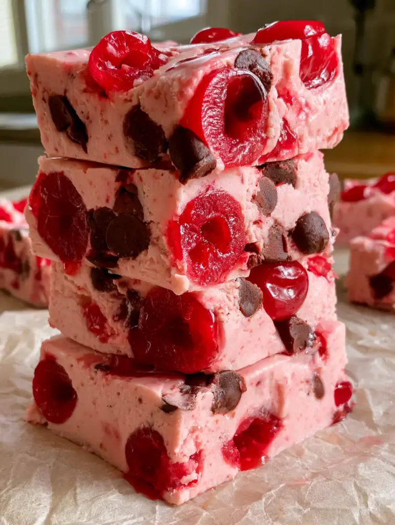 Cherry Chocolate Fudge: A Creamy Maraschino Garcia-Inspired Treat 2 Macro close-up of cherry chocolate fudge squares showing the creamy texture and dark chocolate chips. (cherry chocolate fudge)