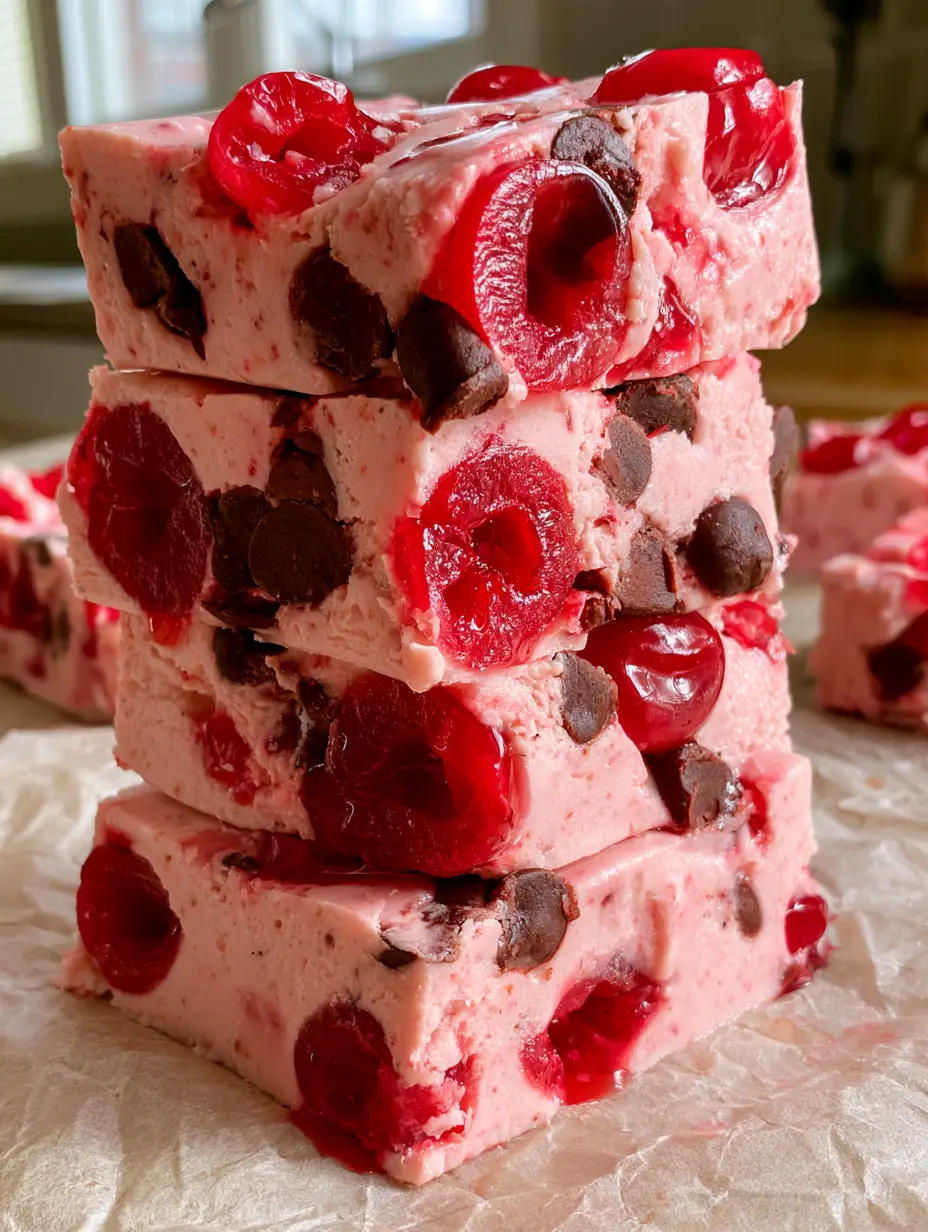 Cherry Chocolate Fudge: A Creamy Maraschino Garcia-Inspired Treat 3 Macro close-up of cherry chocolate fudge squares showing the creamy texture and dark chocolate chips. (cherry chocolate fudge)