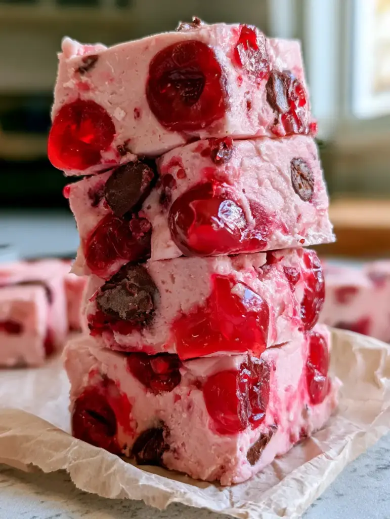 Cherry Chocolate Fudge: A Creamy Maraschino Garcia-Inspired Treat 1 A tall stack of cherry chocolate fudge on crumpled parchment paper with soft window lighting.