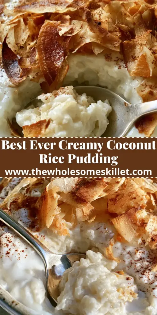 Coconut Rice Pudding: The Ultimate Ultra-Creamy Tropical Dessert Guide 4 A rustic ceramic bowl of ultra-creamy coconut rice pudding topped with golden toasted coconut and a silver spoon.