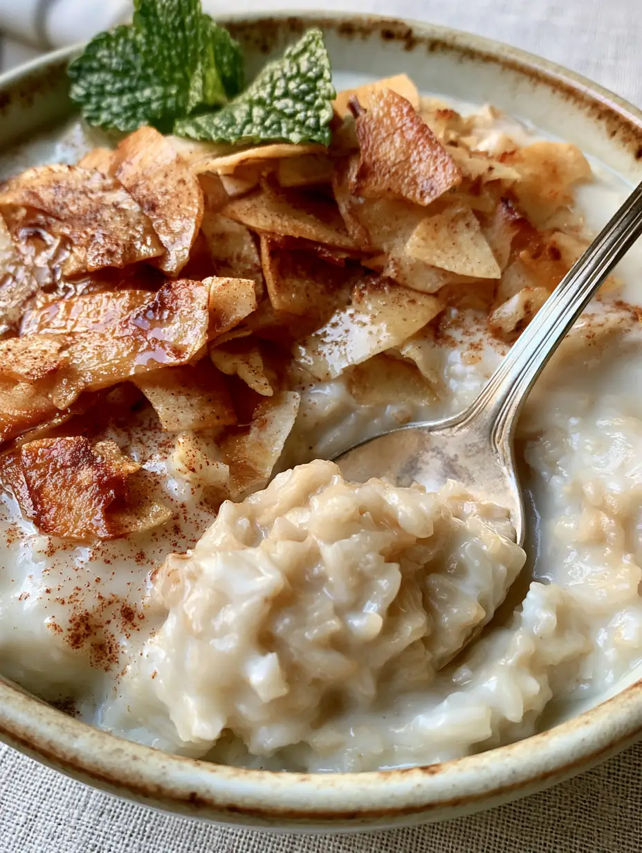 Coconut Rice Pudding: The Ultimate Ultra-Creamy Tropical Dessert Guide 3 Close up of coconut rice pudding with a glossy finish and vanilla bean specks in a ceramic bowl.