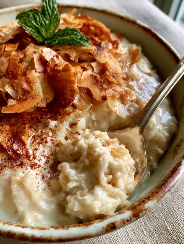 Coconut Rice Pudding: The Ultimate Ultra-Creamy Tropical Dessert Guide 1 Handheld smartphone photo of coconut rice pudding on a linen tablecloth with natural morning light.
