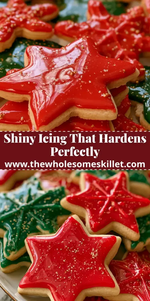 Sugar Cookie Glaze: The Secret to Glossy, Stackable Holiday Cookies 4 A close-up vertical shot of vibrant red and green glossy sugar cookies with gold sprinkles, showcasing the perfect sugar cookie glaze finish.