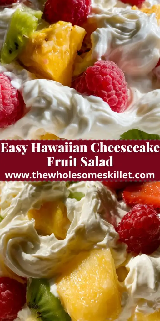 A top-down view of a luscious cheesecake fruit salad in a white bowl, featuring kiwi, pineapple, and berries in a creamy base.