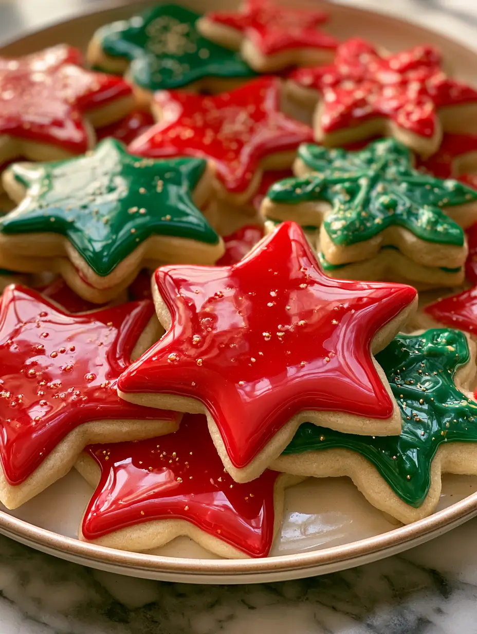 Sugar Cookie Glaze: The Secret to Glossy, Stackable Holiday Cookies 3 Handheld smartphone photo of a tray of glossy sugar cookies with smooth, glass-like sugar cookie glaze in star and snowflake shapes.