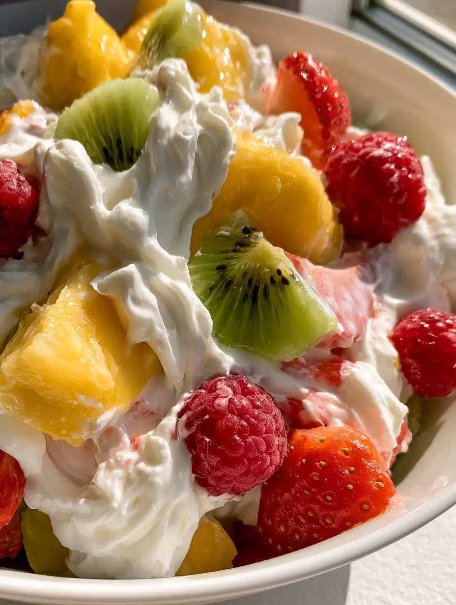 Close-up of thick cream cheese ripples mixed with vibrant green kiwi and yellow pineapple in a cheesecake fruit salad.