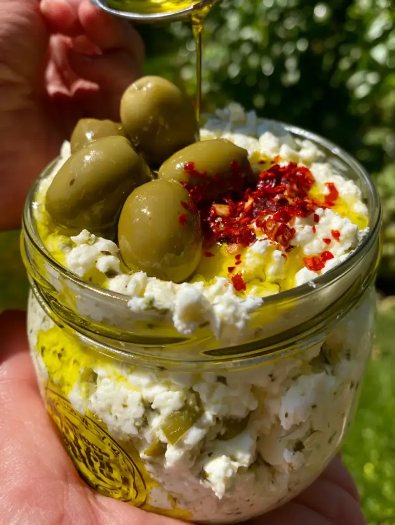 feta olive dip: The Creamiest Whipped Mediterranean Appetizer 1 Close up of a hand drizzling extra virgin olive oil over a jar of whipped feta and green olives. (feta olive dip)